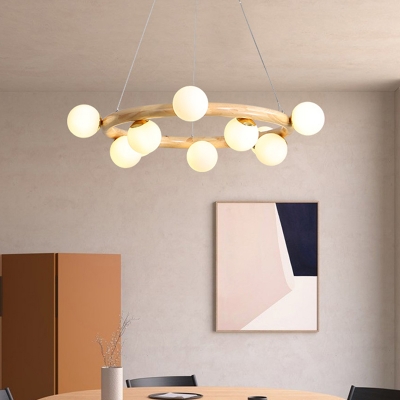 Wood Ring Pendant Chandelier Modern Style 8/10 Bulbs Hanging Lamp in Beige with Orb White Glass Shade