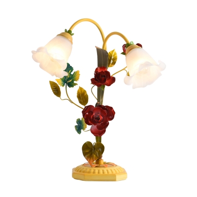 Yellow 2 Heads Nightstand Lamp Traditional Cream Glass Petal Night Lighting with Curvy Arm