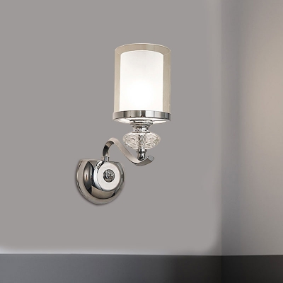 1/2-Bulb Chrome Dual Cylinder Wall Lamp Minimalism Clear and Opaline Glass Wall Mounted Light