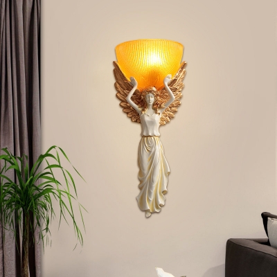 1-Bulb Living Room Sconce Light Fixture Classic White/Gold/White and Gold Resin Wall Lighting Ideas with Bell Ribbed Glass Shade