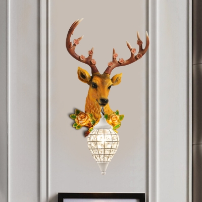 1 Bulb Wall Sconce Countryside Teardrop Clear Crystal Wall Lighting Ideas in Black/White with Grey/Yellow Resin Deer Head