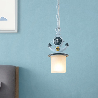 1 Light Sleeping Room Suspension Lamp Kids Blue Hanging Lamp Kit with Flared/Cylinder Frosted Glass Shade, 5