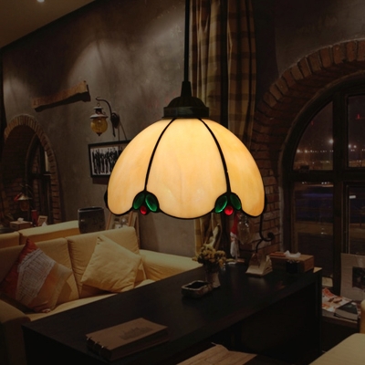 1 Light Suspension Lamp Mediterranean Domed White Glass Pendant Ceiling Light for Dining Room