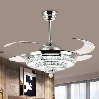 2-Tier Circle Crystal Fan Lighting Contemporary 4 Blades LED Chrome Semi Flush Light for Living Room, 19
