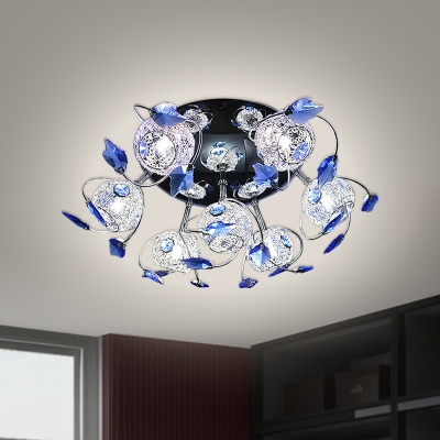 3/7 Heads Silver Leaf Ceiling Lamp Simple Blue/Tan Crystal Semi Flush Mount Lighting with Global Metal Design in Warm/White Light
