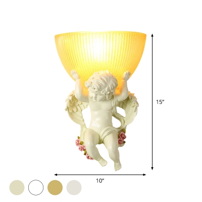 Angel Boy Corridor Wall Lamp Rural Resin 1 Bulb Silver/White/Beige Wall Lighting Ideas with Bowl Amber Ribbed Glass Shade