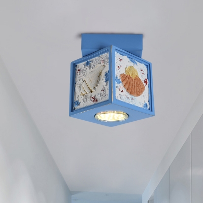 Coastal Cube Ceiling Flush Mount Resin 1 Bulb Doorway Flush Lamp Fixture with Shell Deco in Blue/Light Blue