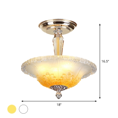 Bowl Ceiling Flush Minimal White/Yellow Ribbed Glass LED Gold Semi Flush Light Fixture