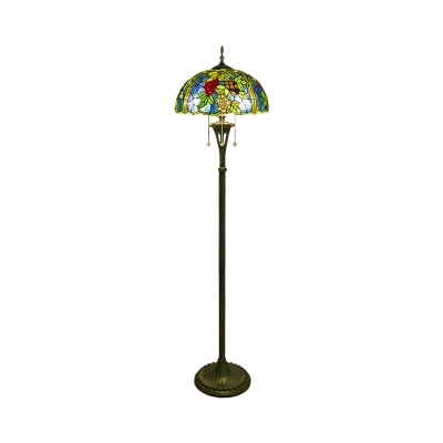 Bowl Shade Stand Up Light Mediterranean Stained Glass 3 Lights Red and Yellow/Blue and Green Reading Floor Lamp with Floral/Grape Pattern