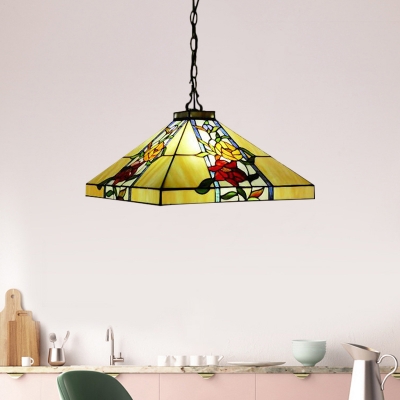 Brass Tapered Ceiling Chandelier Tiffany 3 Bulbs Stained Glass Hanging Pendant Light for Dining Room