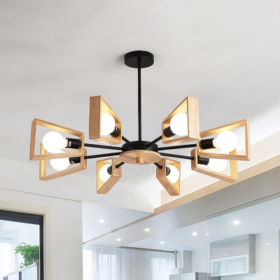 Burst Exposed Bulb Design Chandelier Modern Wood 8-Light Dining Room Ceiling Pendant in Black