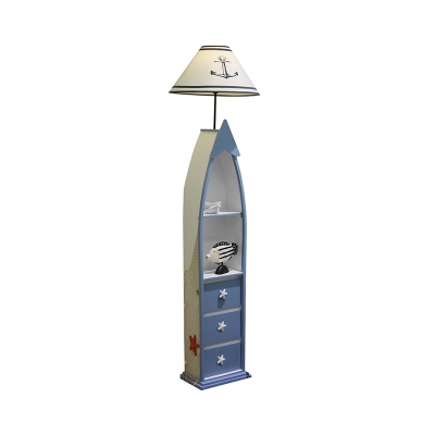 Canoe Cabinet Bedside Standing Light Wood 1-Bulb Simplicity Floor Lamp with Flared Fabric Shade in Blue