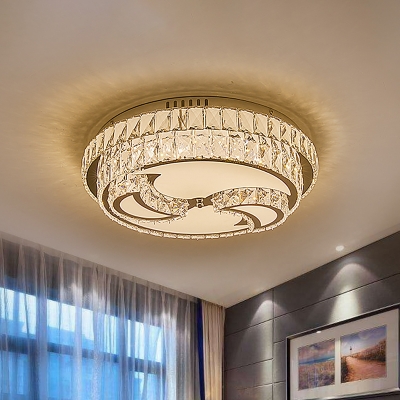 Chrome Round Flush Mount Modern Beveled Crystal Close to Ceiling Lighting with Moon/Leaf/Sun Design for Bedroom