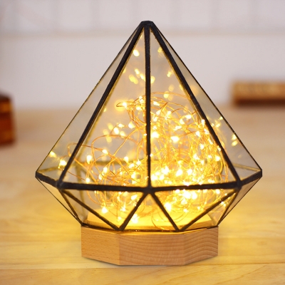 Clear Glass Diamond Nightstand Lamp Kids Wood LED Table Fairy String Light with Inner Prince Statue