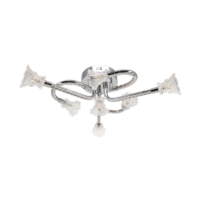 Crystal Flower Semi Flush Light Simplicity LED Ceiling Lighting in Stainless-Steel in Warm/White Light with Twisted Arm