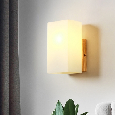 Cube/Cuboid/Brick Wall Sconce Nordic Acrylic 1 Bulb Beige Wall Mount Light with Wood Accent for Bedroom