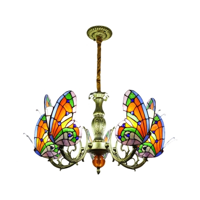 Cut Glass Butterfly Pendant Chandelier Baroque 3/5 Heads Orange/Yellow and Green Hanging Light Fixture with Curved Arm