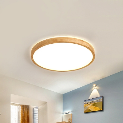 Extra Thin Plate-Shaped Flush Light Asian Wooden Beige Surface Mounted LED Ceiling Light for Kitchen, 12