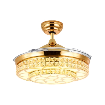 Faceted Crystal 2-Layer Fan Light Modern LED Gold Loop Patterned Semi Flush Light Fixture with 4 Blades, 19
