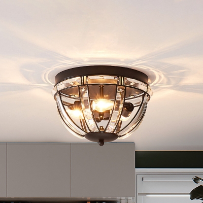Gold/Black Bowl Flush Ceiling Light Modernism 3 Bulbs Clear Crystal Lighting Fixture for Corridor