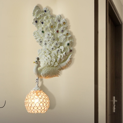 Green/Gold Peacock Wall Sconce Lighting Rural Resin 1 Light Dining Room Right/Left Wall Light Fixture with Global Crystal Shade