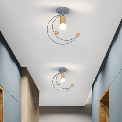 Kids 1-Bulb Semi Flush Mount Lighting Black/Grey/White Moon Ceiling Fixture with Metal Shade for Corridor