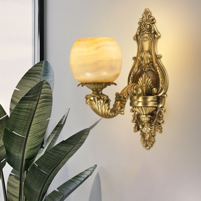 Marble Brass Wall Lighting Floral 1 Light Countryside Wall Sconce Light with Metal Carved Backplate