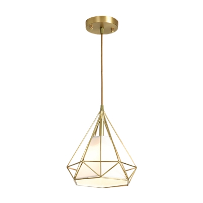 Metallic Diamond Cage Ceiling Pendant Modernist 1 Head Brass Pendulum Light with Inner Fabric Shade