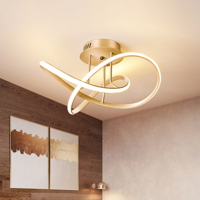 Minimal Twisted Semi Flush Mount Metal LED Bedroom Close to Ceiling Light in Gold
