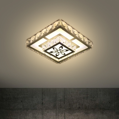 Minimalist LED Ceiling Flush White Round/Square Flushmount Lighting with Crystal Block Shade in Warm/White Light
