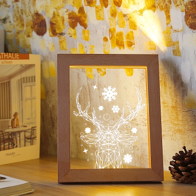 Nordic LED Night Stand Lamp Wood Elk/Crown Patterned Picture Frame Table Lighting with Clear Glass Shade