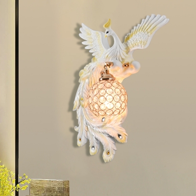 Resin Peacock Wall Mount Lamp Traditional 1-Light Living Room Right/Left Wall Sconce in White/Green/Gold with Globe Clear Crystal Shade