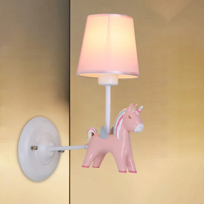 Simple 1 Head Wall Sconce Lighting Pink/Blue Finish Conical Unicorn Wall Light Fixture with Fabric Shade
