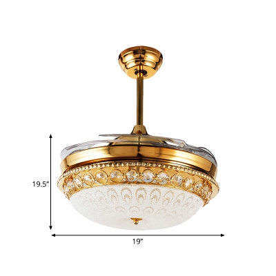 Simplicity Bowl Fan Lamp Frosted Glass 4 Blades LED Bedroom Semi Flush Light Fixture in Gold, 19