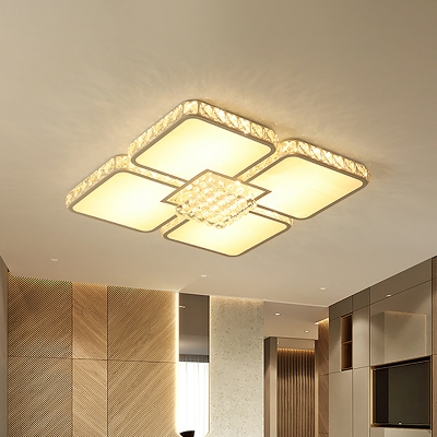Square Petals LED Flush Light Fixture Modern Cut Crystal Chrome Close to Ceiling Lighting in Warm/White Light