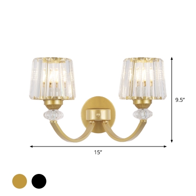 Swirled Arm Sconce Light Simple Metal 1/2-Head Living Room Wall Mount Lamp in Black/Gold with Cone Crystal Shade