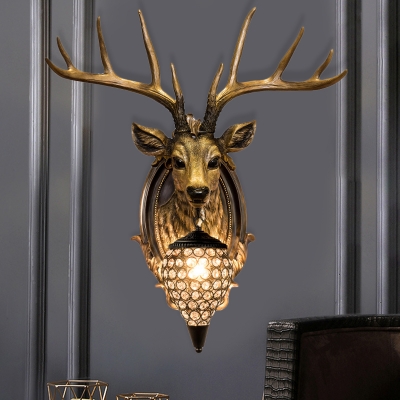 White/Beige Deer Head Wall Lighting Traditional Resin 1 Head Living Room Wall Light Sconce with Teardrop Clear Crystal Deco