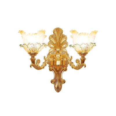 1/2-Bulb Wall Mount Light Traditional Swooping Arm Metal Wall Lighting Ideas in Gold with Petal Glass Shade
