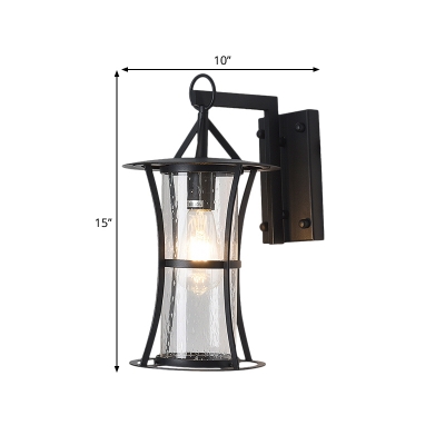 1 Head Wall Sconce Farmhouse Patio Metal Wall Lamp with Cylinder Clear Water Glass Shade in Black