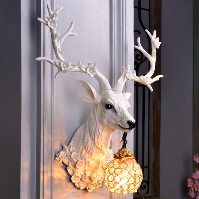 1 Light Resin Wall Mount Light Country White/Blue Sika Deer Head Living Room Wall Sconce Lighting with Ball Crystal Shade