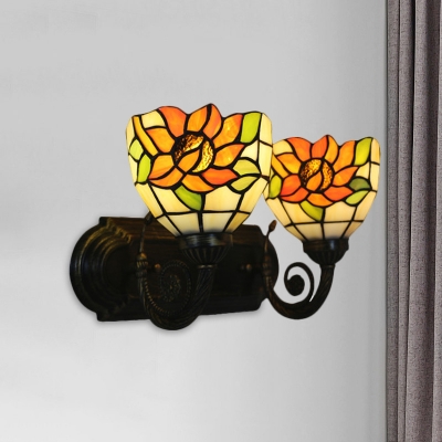 2-Head Dome Wall Light Sconce Baroque Brass Hand Cut Glass Sunflower Wall Mounted Lamp for Bedroom