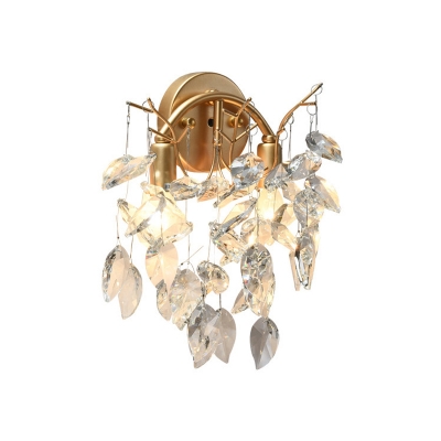 2 Heads Sconce Lighting Contemporary Leaves Faceted Crystal Wall Mounted Lamp in Gold