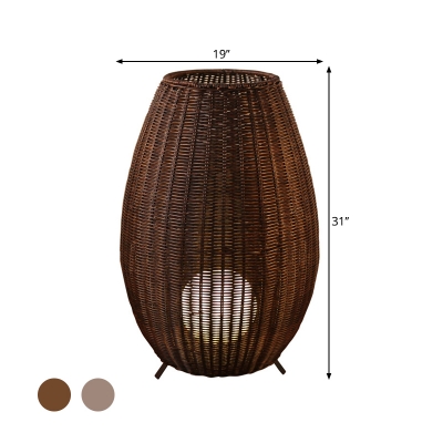 Ball Outdoor Stand Up Lamp Acrylic 1 Head Asian Floor Light with Oval Rattan Shade in Beige/Brown