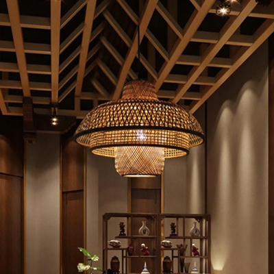 Bamboo 3-Tier Cage Pendulum Light Asian Style 1 Head Beige Suspended Lighting Fixture
