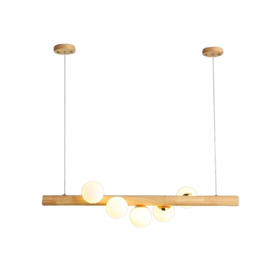 Beige Linear Hanging Light Fixture Nordic 5 Heads Wood Island Pendant with Ball Ivory Glass Shade