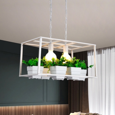 Black/White 2 Heads Island Lamp Antique Metal Rectangle Frame Ceiling Pendant with Potted Plant Deco