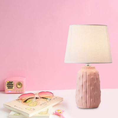 Bottle Night Lighting Macaron Porcelain 1-Light Study Room Table Lamp with Barrel Fabric Shade in White/Pink/Blue