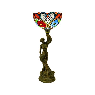 Bowl Cut Glass Night Lighting Tiffany 1 Head Brass Floral Patterned Table Light with Resin Beauty Base