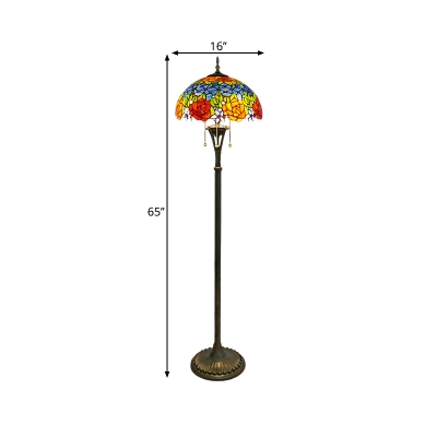 Bowl Shade Stand Up Light Mediterranean Stained Glass 3 Lights Red and Yellow/Blue and Green Reading Floor Lamp with Floral/Grape Pattern