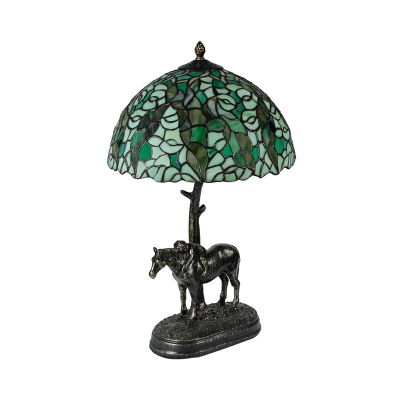 Bowl Shaped Table Lighting 1 Light Hand Cut Glass Tiffany Leaf Patterned Night Lamp in Bronze with Resin Horse Base